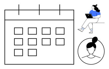 Şebekeli büyük bir takvim, dizüstü bilgisayar kullanan bir kadın, çörek saç stili olan bir kadının profil ikonu. Proje yönetimi için ideal, görev çizelgesi, günlük planlama, zaman yönetimi, kişisel