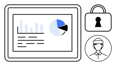 Güvenlik kilidi simgesi ve kullanıcı profili silueti ile birlikte grafik ve çizelgeleri gösteren tablet. Veri koruması, siber güvenlik, analitik, kişisel veriler, teknoloji endüstrisi, iş dünyası, dijital