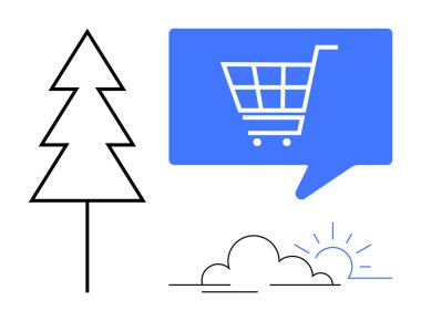 Mavi bir konuşma balonunun içinde alışveriş arabası, ana hatları belirlenmiş ağaç, bulutlar ve gün doğumu. E-ticaret, çevresel sürdürülebilirlik, dijital iletişim, çevrimiçi perakende, akıllı alışveriş, çevre dostu