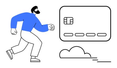 Basit bir bulut elementi ile çevrili büyük bir kredi kartına doğru koşan biri. Finansal hizmetler, bankacılık, çevrimiçi ödemeler, e-ticaret, kredi kartı promosyonları, fintech ve kişisel