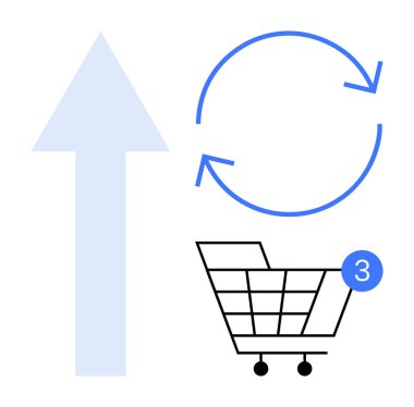 Üç öğe tebligatı olan alışveriş arabası, yukarı doğru ok ve gelişim ve hareketi temsil eden geri dönüşüm işareti. E-ticaret, sürdürülebilirlik, ilerleme görselleri, çevrimiçi alışveriş için ideal