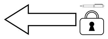 Soldaki büyük ok, anahtar deliği ve kalemi olan bir asma kilidin yanında. Temalar için ideal yol tarifi, güvenlik, güvenlik, navigasyon, yazma, rehberlik, ofis işleri. Satır metaforu