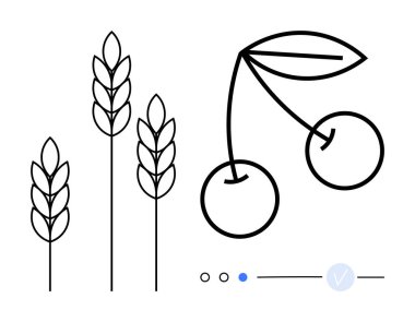 Basit siyah çizgilerle çizilmiş buğday sapları ve kirazlar. Tarım, doğa, gıda endüstrisi, sağlık, organik ürünler, etiketler, minimalist tasarımlar için idealdir. Satır metaforu