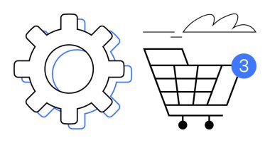 Uyarı baloncuğu olan bir alışveriş arabasının yanındaki vites sembolü üç numarayı gösteriyor. E-ticaret, çevrimiçi alışveriş, perakende yönetimi, süreç optimizasyonu, bildirimler, dijital pazarlama için ideal