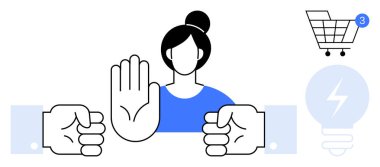 Yaklaşan iki eli durdurmak için elini kaldıran kadın, tebligatlı alışveriş arabası ve ampul ikonu. E-ticaret, tebligat, fikir üretimi, çatışma çözümü, kişisel