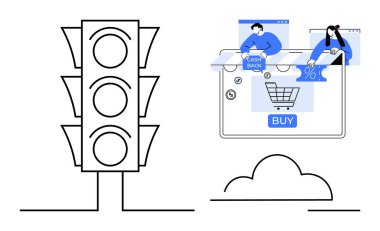 Traffic light next to digital shopping cart interface featuring people utilizing cashback and discount codes. Ideal for e-commerce, online shopping, digital marketing, consumer behavior, discounts clipart