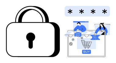 Çevrimiçi bir alışveriş ekranının yanında büyük bir asma kilit sembolü parola girişi alanı, nakit ödeme teklifleri ve indirim sembolleri. E-ticaret güvenliği, güvenli işlemler, çevrimiçi alışveriş güvenliği için ideal