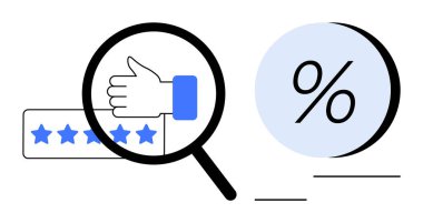 Büyüteç, mavi çemberde yüzde sembolü olan beş yıldızlı notun altını çiziyor. Müşteri geribildirim, tatmin analizleri, değerlendirmeler, piyasa araştırmaları, performans için ideal