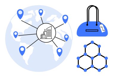 Haritadaki küresel konumlara bağlı fabrika merkezi etiketli mavi çanta, moleküler yapı. Tedarik zinciri lojistiği, uluslararası ticaret, üretim, perakende, ticaret, teknoloji için ideal