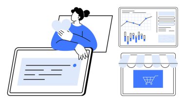 Kalp, veri analiz ekranı, çevrimiçi mağaza simgesi ve tablet arayüzü tutan bir karakter de dahil olmak üzere e-ticaret unsurları. Küçük işletmeler, dijital pazarlama ve müşteri ilişkileri için ideal