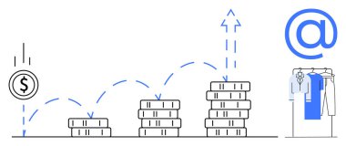 Yükselen bozuk para yığınları, yükselen para ve ok miktarı büyümeyi gösteriyor. Giysi askısı ve sembol. E-ticaret, mali büyüme, çevrimiçi perakende, iş stratejisi, kâr artışı için ideal