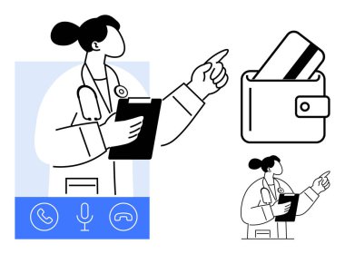Doktor panoyu tutuyor, işaret ediyor, video çağrı ikonları ve kredi kartı ile cüzdan. Teletıp, uzaktan konsültasyon, sağlık ödemesi, sanal sağlık hizmetleri, dijital işlemler için ideal