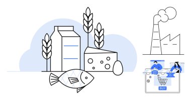 Milk carton, cheese, fish, wheat, egg, and shopping cart. Factory with smoke, people buying products online. Ideal for food industry agriculture sustainability commerce online shopping clipart