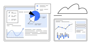Grafikler, grafikler ve veri görselleştirmeleri ile çeşitli iş analizlerini gösteren iki dijital ekran. İş raporları, piyasa araştırmaları, performans izleme, veri analizi ve finans için ideal