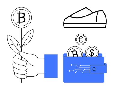 Bitkisel para sembolü, Bitcoin, Euro ve Dollar bozukluklu dijital cüzdan, ve bir ayakkabı. Kripto para birimi, finansal büyüme, dijital para birimi, engelleme zinciri, e-ticaret, yatırım için ideal