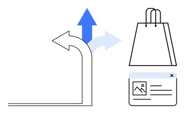 Farklı yönleri gösteren oklar, bir alışveriş çantası ve web içeriği kartı. İş stratejileri, e-ticaret, karar verme mekanizması, pazarlama, web tasarımı, tüketici davranışı ürünü için ideal