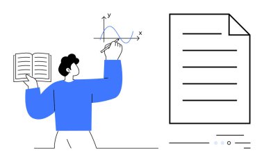 Elinde kitap tutan ve sanal ekrana grafik çizen bir adam. Eğitim, sunumlar, veri analizleri, öğrenme, çevrimiçi kurslar, BTMM konuları, iş raporları için idealdir. Satır metaforu