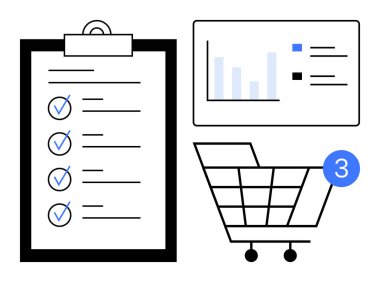 Bildirimli alışveriş arabası, işaretli kontrol listesi ve görevleri ve e-ticareti temsil eden veri grafiği. Üretkenlik, görev yönetimi, e-ticaret, çevrimiçi alışveriş, perakende, analitik için ideal