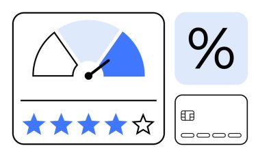 Mavi bölümü gösteren bir iğne, yüzde işareti, yıldız puanı 5 üzerinden 4 yıldız ve bir fiş kartı ikonu olan kredi notu göstergesi. Finans, kredi, bankacılık, krediler, faiz oranları için ideal