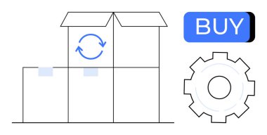 İçinde geri dönüşüm logosu olan açık kutular, satın alma düğmesi ve teçhizatının yanında. Ecommerce, lojistik, satın alma, tedarik zinciri yönetimi, çevrimiçi alışveriş, sanayi süreçleri için ideal