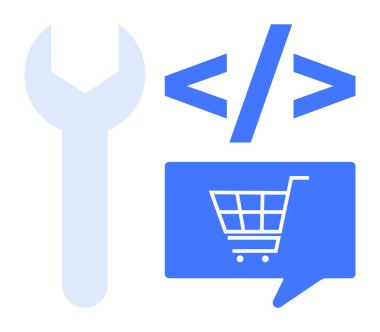 Kod etiketi ve konuşma balonunda alışveriş arabasıyla bitişik mavi anahtar. Web geliştirme, e-ticaret, çevrimiçi alışveriş, kodlama, dijital pazarlama, teknik destek, yazılım tasarımı için ideal. Satır metaforu