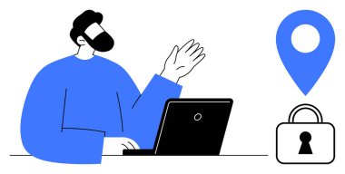 Yakınlarda konum kodu ve kilit simgesi olan bir dizüstü bilgisayar kullanan kişi. Siber güvenlik, veri gizliliği, çevrimiçi güvenlik, uzaktan çalışma, iletişim, teknolojik dijital güvenlik için ideal. Çizgi