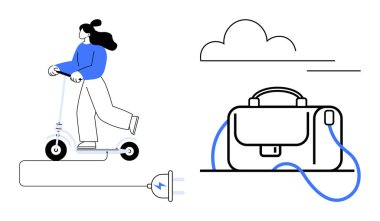 Elektrikli scooter kullanan bir kadın kabloyla bir çantaya bağlanmış. Bulut ve minimalist çizgiler çevre dostu bir iş yeri olduğunu gösteriyor. Kentsel hareketlilik için ideal, eko-bilinçli ulaşım, gidip gelme, modern