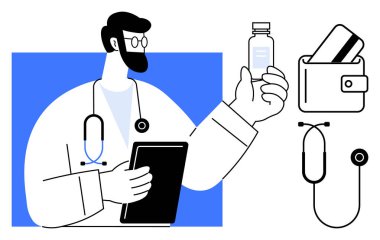 Doktor elinde ilaç şişesi ve tablet, boynunda steteskop, yakınında kartlar olan cüzdan tutuyor. Sağlık hizmetleri, teletıp, tıbbi danışmanlık, sağlık hizmetlerinin finansmanı, eczane, tıbbi danışmanlık için ideal