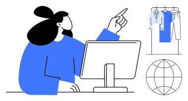 Bilgisayar kullanan bir kadın, askıdaki kıyafetlere bakıyor. E-ticaret, çevrimiçi alışveriş, moda, dijital pazarlama, küresel erişim, müşteri hizmetleri ve perakende stratejileri için ideal. Satır metaforu