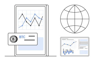 Bitcoin sembolü ve küresel ağ simgesi olan şifreli para birimi grafiklerini gösteren akıllı telefon ve dizüstü bilgisayar ekranları. Finansal analiz için ideal, kripto para ticareti, mobil uygulamalar, fintech, küresel finans
