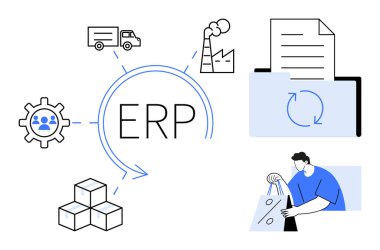 ERP merkezden depo kutularına, fabrikaya, kamyona, senkronize simgeyle dokümana, kullanıcılarla dişliye, alışveriş çantasına. İş yönetimi, lojistik, tedarik zinciri imalat envanteri için ideal