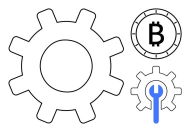 Büyük teçhizat, saatin içinde Bitcoin sembolü, mavi anahtarlı daha küçük teçhizat. Kripto para birimi, teknoloji, mühendislik, fintech, engelleme zinciri, bakım, dijital yenilik temaları için idealdir. Satır metaforu