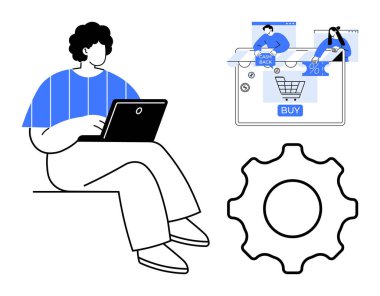 İnternetten alışveriş için dizüstü bilgisayar kullanan bir adam. Ekranda, vites simgesinde çeşitli e-ticaret seçenekleri ve nakit teklifleri var. Teknoloji, alışveriş, e-ticaret, pazarlama, çevrimiçi iş, yazılım için ideal