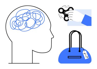 Karmaşık çizgileri olan insan kafası düşünceleri temsil eder, el sıkışık döner, etiketli çanta. Zihinsel sağlık farkındalığı, stres yönetimi, rahatlama teknikleri, modern yaşam zorlukları için ideal