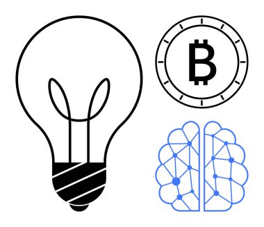 Fikir ve yeniliği simgeleyen ampul, Bitcoin sembollü kripto para ve nöral ağ beynini sembolize ediyor. Yenilik, finans, teknoloji, yapay zeka, engelleme zinciri, yaratıcılık için ideal