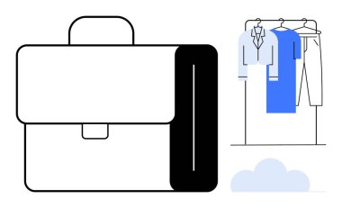 Resmi kıyafetler asmayı simgeleyen evrak çantası. Gömlek, ceket ve pantolon da dahil. İş, şirket, profesyonellik, ofis, kariyer toplantıları ve gardırop teması için ideal. Satır metaforu