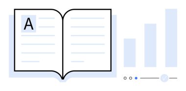 Bir sayfada büyük A harfiyle açık bir kitap, yanında bir bar çizelgesi ve ayarlar kaydırıcısı var. Eğitim, okuma, veri analizi, bilgi, e-öğrenme, istatistik işi analizleri için idealdir. Çizgi