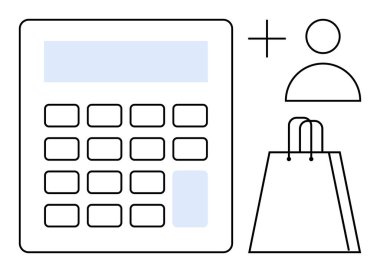 Finansal yönetimi, tüketici davranışını ve perakende satışını temsil eden kişi ve alışveriş poşeti simgelerinin yanındaki hesap makinesi. E-ticaret, bütçe, pazarlama, perakende, finans, kişisel finans için ideal