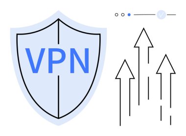 VPN metin, arayüz elementleri ve yukarı doğru oklarla kalkan. Siber güvenlik, çevrimiçi gizlilik, veri koruması, güvenli bağlantı, bilişim ağı, yazılım geliştirme dijital büyüme temaları için ideal