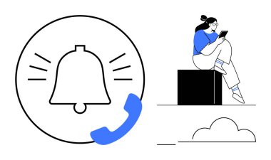 Çınlayan hatlar ve telefon ikonu olan uyarı zili. Saçlı çörek ve gözlüklü bir kadın blokta oturup kitap okuyor. Uyarılar, iletişim, hatırlatıcılar, programlar, uygulamalar, okuma ve teknoloji için ideal