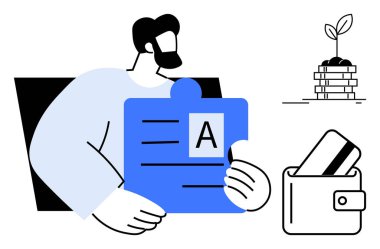 İşadamı A harfli bir yapboz parçası, kartlı bir cüzdan ve büyüyen bir bitkinin olduğu bir yığın bozuk para tutuyor. Mali planlama, yatırım stratejisi, iş çözümleri ve eğitim için ideal