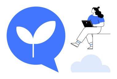 Dizüstü bilgisayarlı bir kadın büyük mavi bir konuşma baloncuğunun yanında oturuyor yaprakları filizlenmiş ve soluk mavi bulutlu. Uzak çalışma, çevre bilinci, sürdürülebilirlik, çevre dostu girişimler için ideal, çevrimiçi