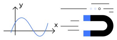 Dalgalı çizgi ve x ile matematiksel grafik, y eksenleri mıknatıs gibi çizgi ve noktalar yayıyor. Eğitim, fizik, matematik, veri analizi, bilimsel araştırma ve öğretim materyalleri için idealdir. Çizgi