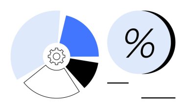 Renkli pasta grafiği mavi, açık mavi ve siyah bölümlere bölünmüş, yanında vites simgesi ve daire şeklinde büyük bir yüzde işareti var. Veri analizi, finans, iş, araştırma, teknoloji için ideal