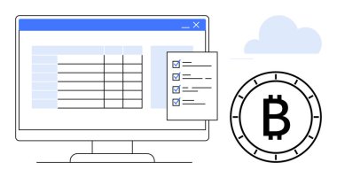 Bir hesap tablosunu gösteren masaüstü bilgisayarı, işaretli kontrol listesi, büyük Bitcoin sembolü ve mavi bulut simgesi. Şifreleme, finans, bulut hesaplama, veri yönetimi için ideal, çevrimiçi