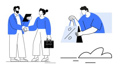 Profesyoneller evrak ve evrak çantasıyla el sıkışıyor ve elinde yüzde işareti olan bir alışveriş çantası tutuyor. İş, ticaret, anlaşmalar, mesleki etkileşimler, alışveriş için ideal