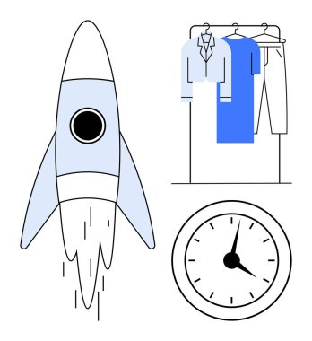 Roket fırlatma, analog saat, ceketli ve pantolonlu takım elbise standı. İş için ideal, girişimler, zaman yönetimi, verimlilik, son teslim tarihleri iş hayatı dengesi profesyonel kıyafet. Çizgi