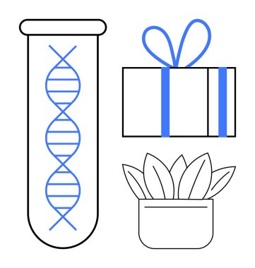 Test tube with DNA strand, gift box with ribbon, potted plant. Ideal for scientific research, celebrations, gardening, education, environmental awareness gift-giving home decor. Line metaphor clipart