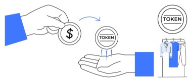 Para dolu bir el, hediye çeki, elbise askısı. Finans, işletme, dijital para birimi, engelleme zinciri, e-ticaret alışverişleri için ideal. Satır metaforu