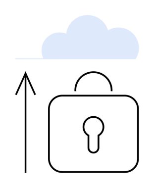 Bulut simgesi, asma kilit ve yukarı doğru ok veri transferi ve güvenliği gösteriyor. Siber güvenlik, veri depolama, bulut güvenliği, şifreleme, veri koruma güvenli depolama bulut bilgisayarı için ideal. Çizgi